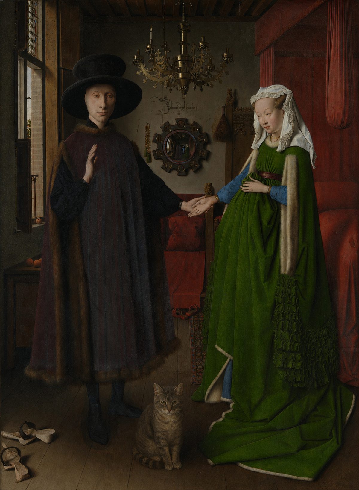 A grey tabby cat painted at the couple's feet in van Eyck's Arnolfini Portrait, where a small dog once stood