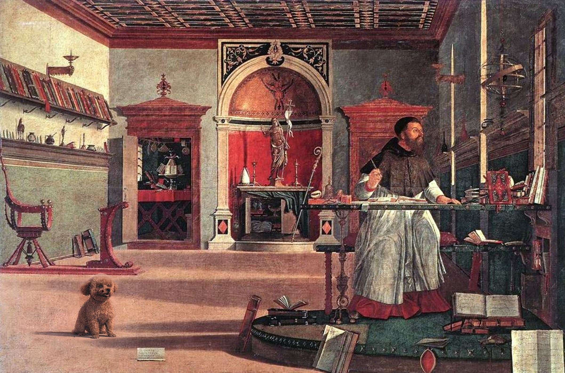 Carpaccio's study of St. Augustine at night, a toy poodle waiting on the floor