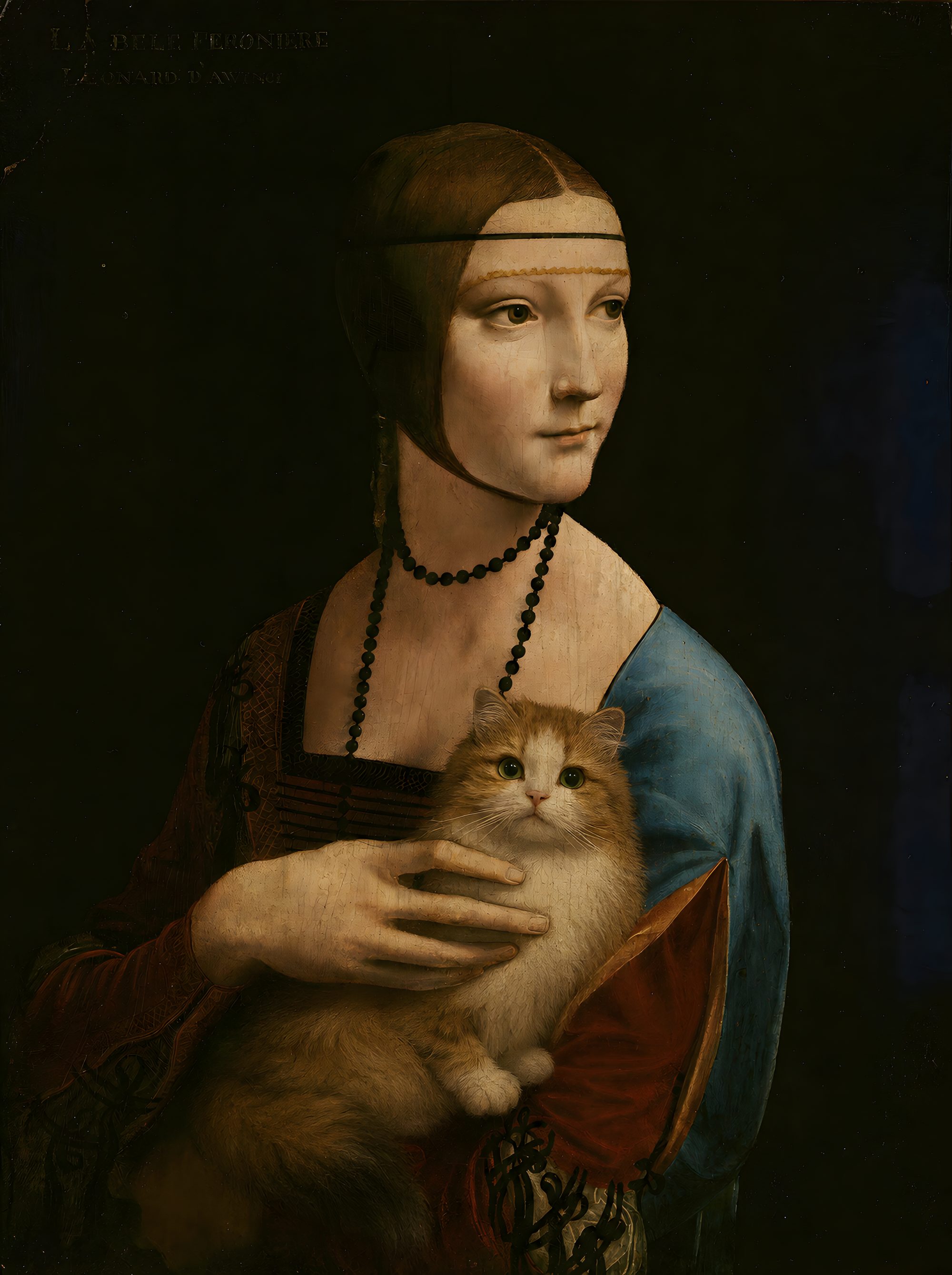 The same painting with a ginger cat painted in place of the ermine — close-up of the aged varnish and craquelure