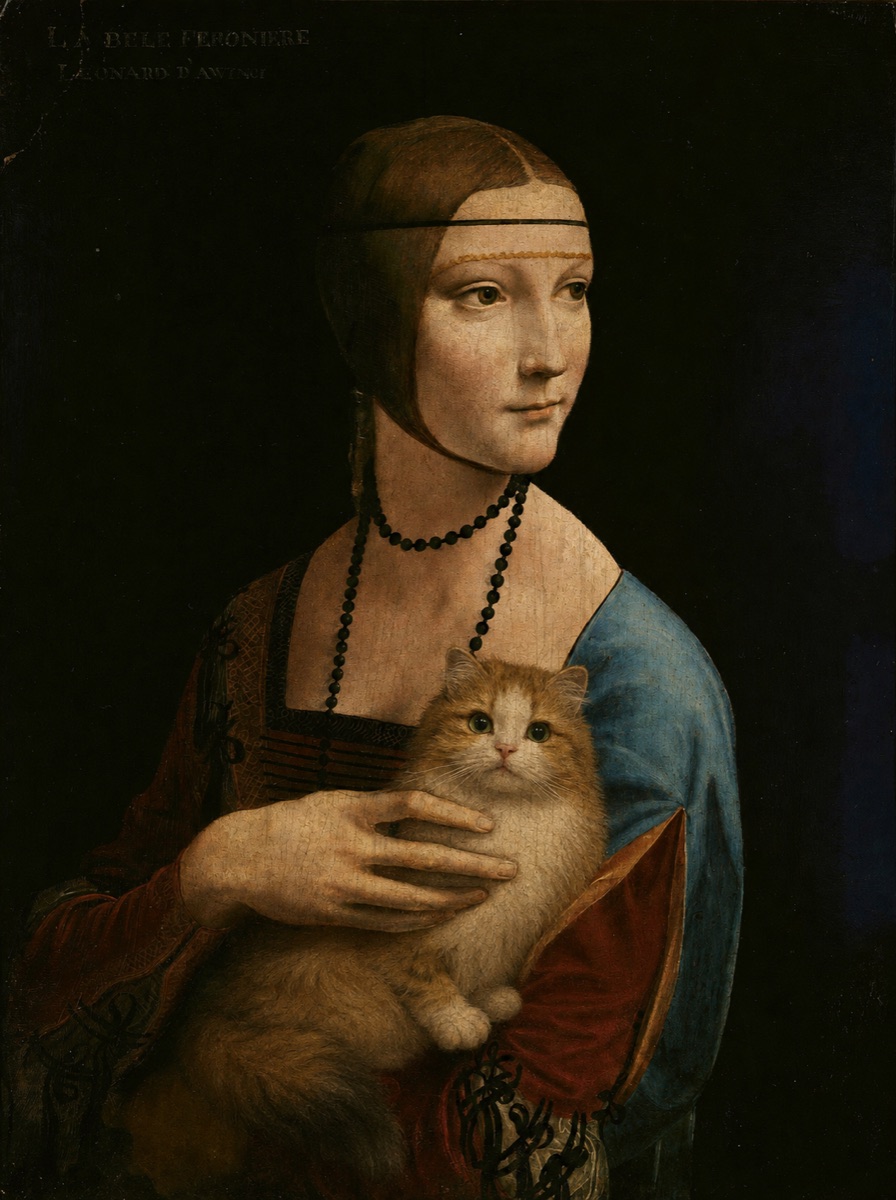 A calendar page: a ginger cat painted into Leonardo's Lady with an Ermine, beside the grid for March