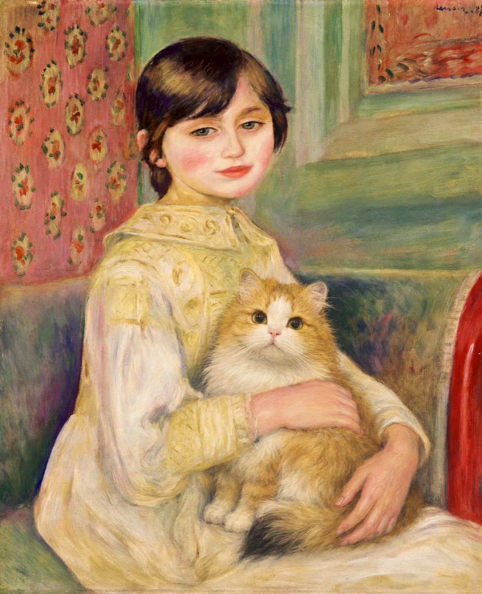 An orange-and-white long-haired cat painted into Renoir's Julie Manet with Cat