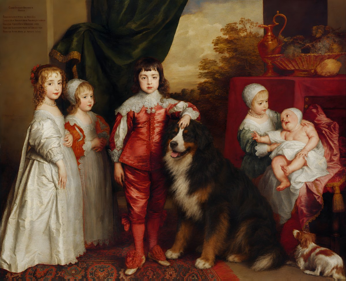 A calendar page: a Bernese Mountain Dog painted into van Dyck's Five Eldest Children of Charles I, beside the grid for July
